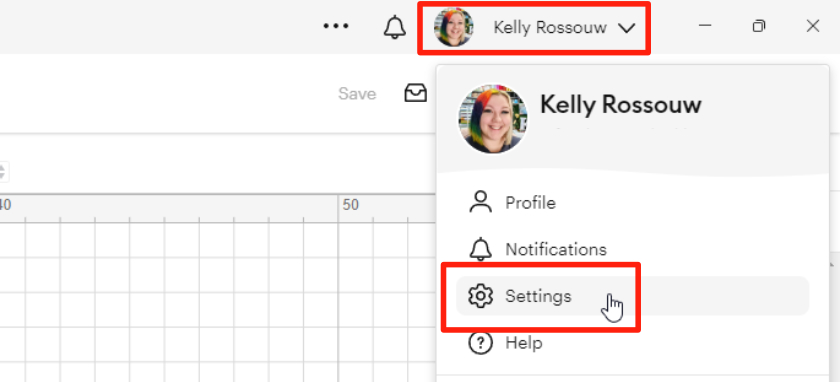 Showing the drop down menu in the top right corner of Cricut design space, and underneath the settings option is highlighted