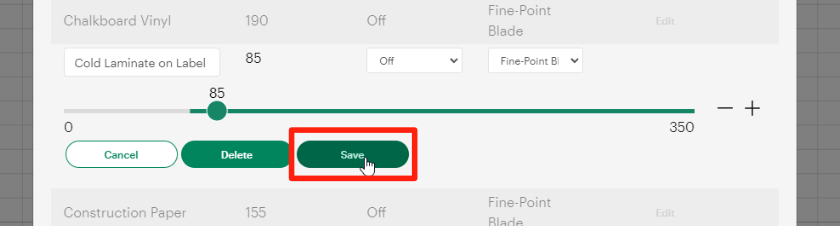 The save button is highlighted after the material settings have been chosen