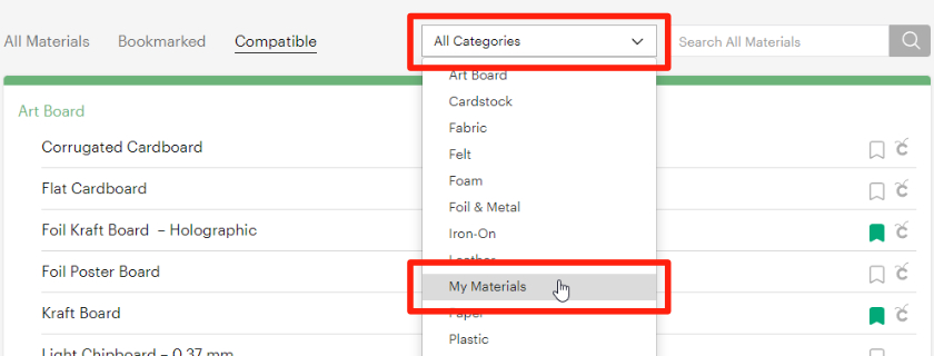 The All categories drop down menu is open and the My Materials section is highlighted to be clicked on