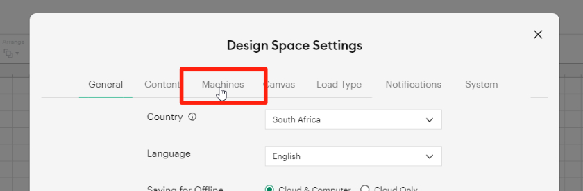 In the Design Space settings menu, the Machines tab is highlighted