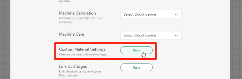 On the Machines tab, the Custom Materials section is highlighted, and the mouse is on the Start button
