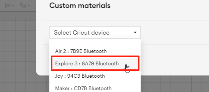 Under Select Cricut Device the machine I am using is highlighted