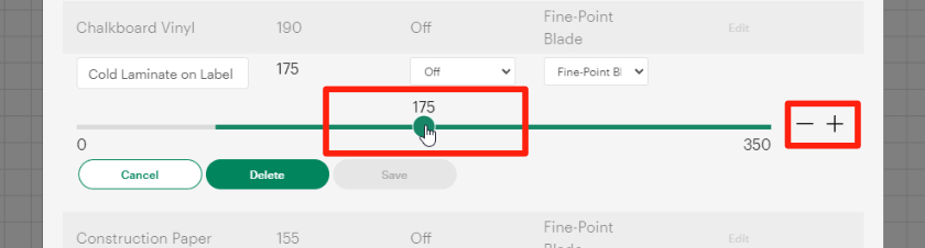 The scroller on the custom material bar pressure setting is highlighted to show you can scroll left or right, as well as the plus and minus buttons