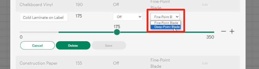 the blade menu is open showing you can select either the fine-point or deep-point blade.